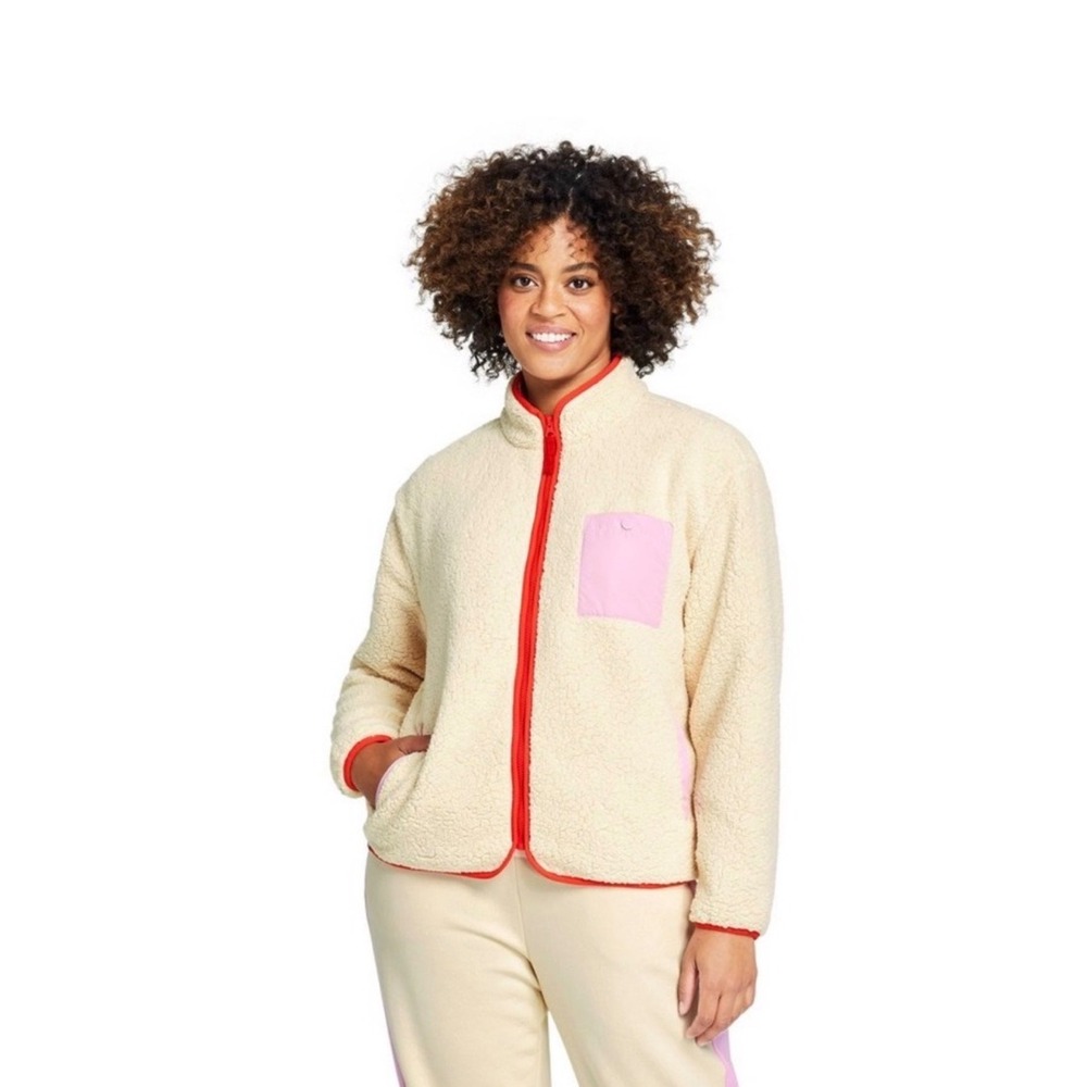 Lego x Target Womens Sherpa Fleece Jacket Cream Red‎ Purple Full Zip Large NEW